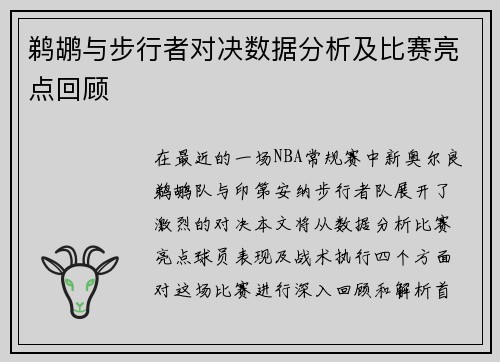 鹈鹕与步行者对决数据分析及比赛亮点回顾